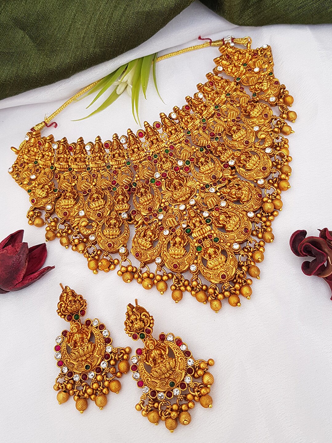 

GRIIHAM Women Gold-Plated AD-Studded Laxmi Jewellery Set