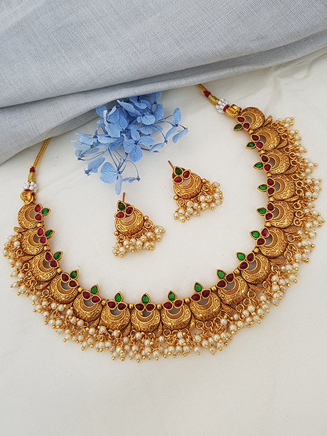

GRIIHAM Gold-Plated & Red American Diamond Studded Jewellery Set