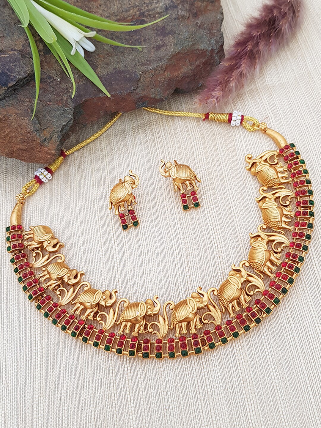 

GRIIHAM Gold-Plated Magenta & Green AD-Studded Jewellery Set