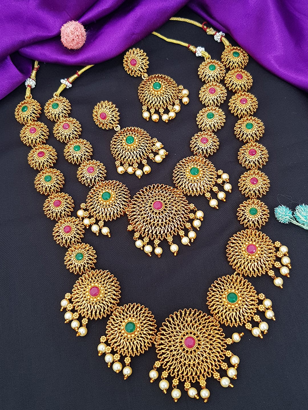 

GRIIHAM Gold-Plated Pink & Green AD-Studded Combo Jewellery Set