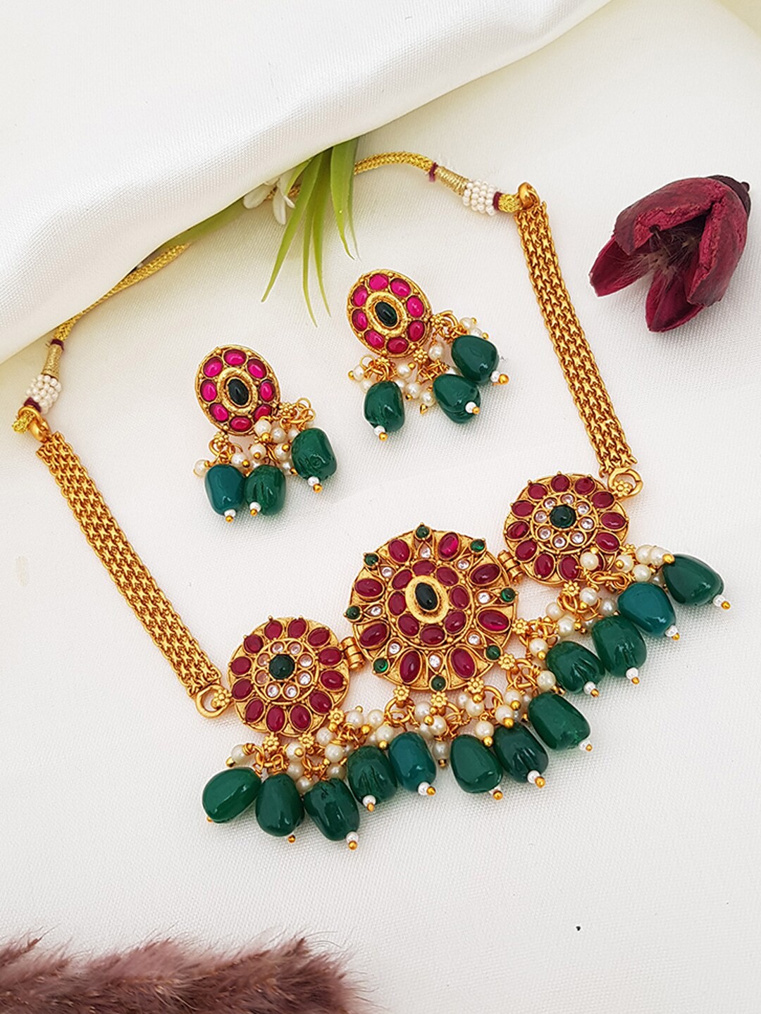 

GRIIHAM Gold-Plated Red & Green Stone-Studded Beaded Choker Set