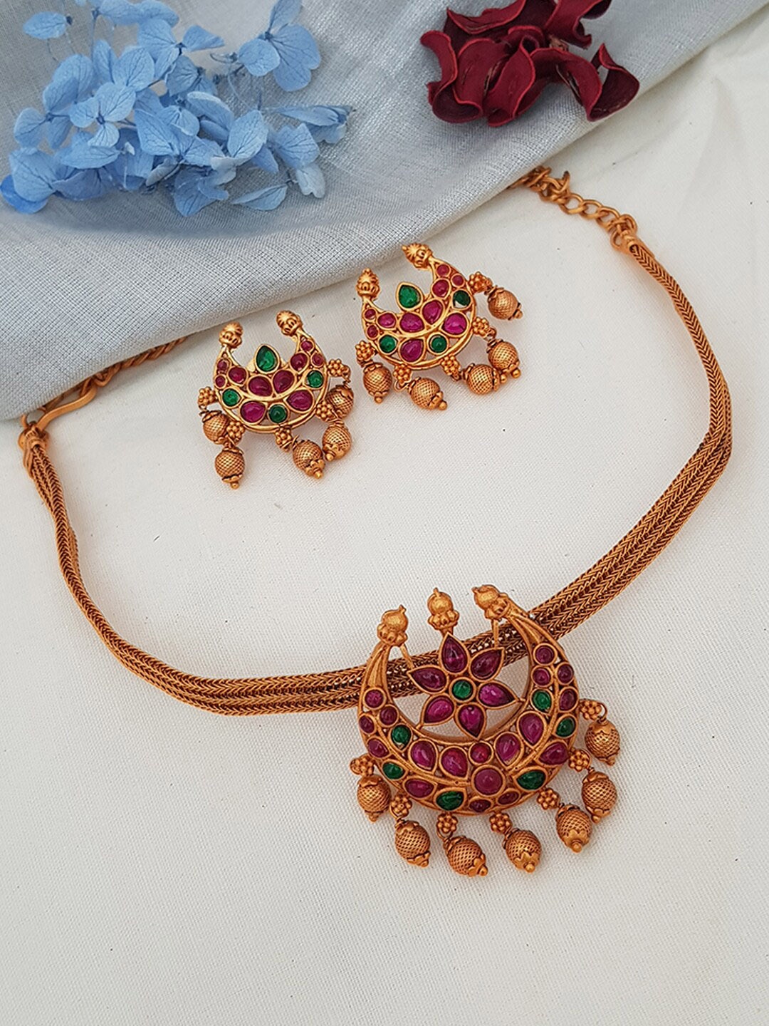 

GRIIHAM Gold-Plated Pink & Green American Diamond Studded Jewellery Set