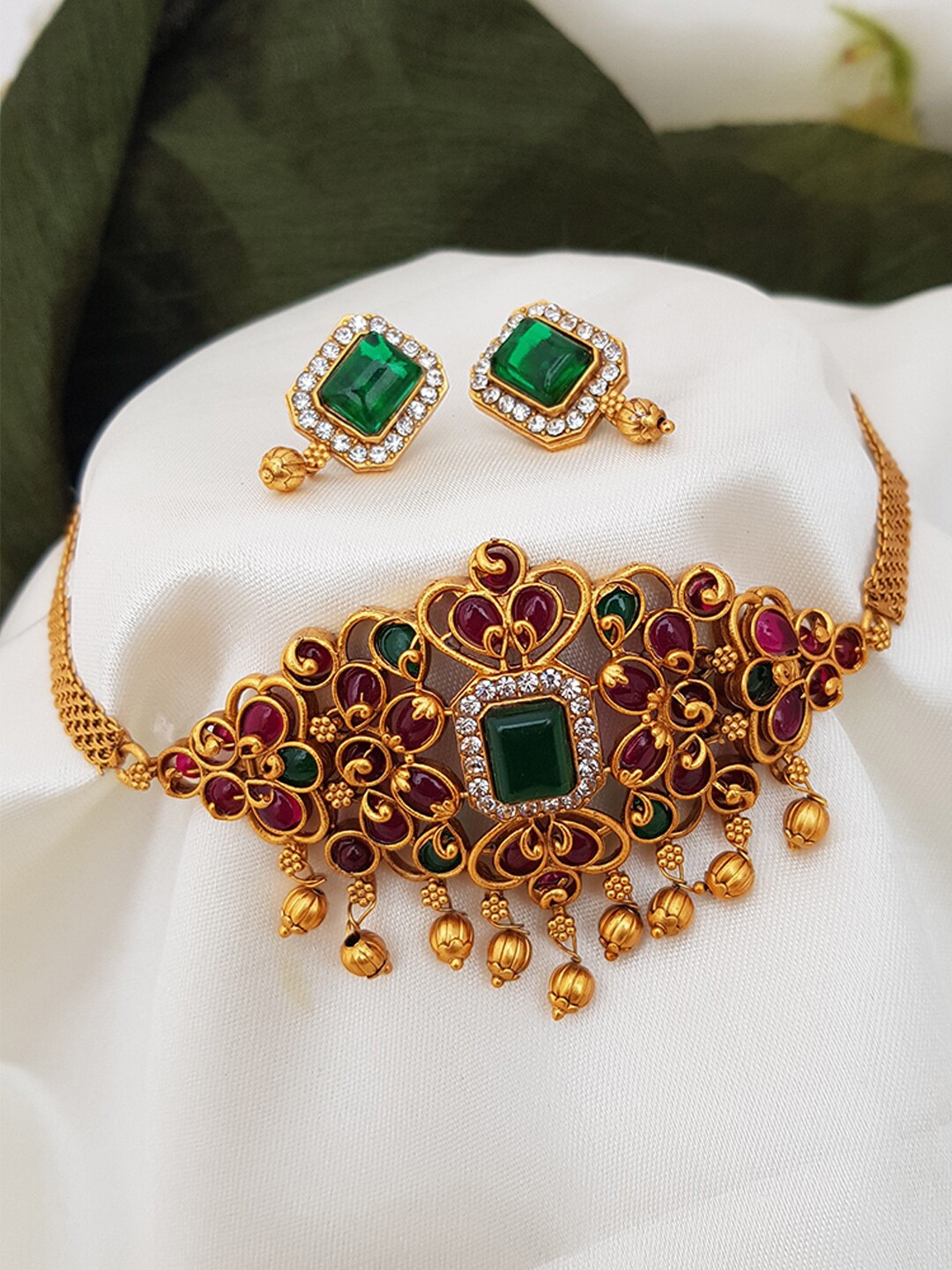 

GRIIHAM Gold-Plated Pink & Green AD-Studded Half Choker Jewellery Set