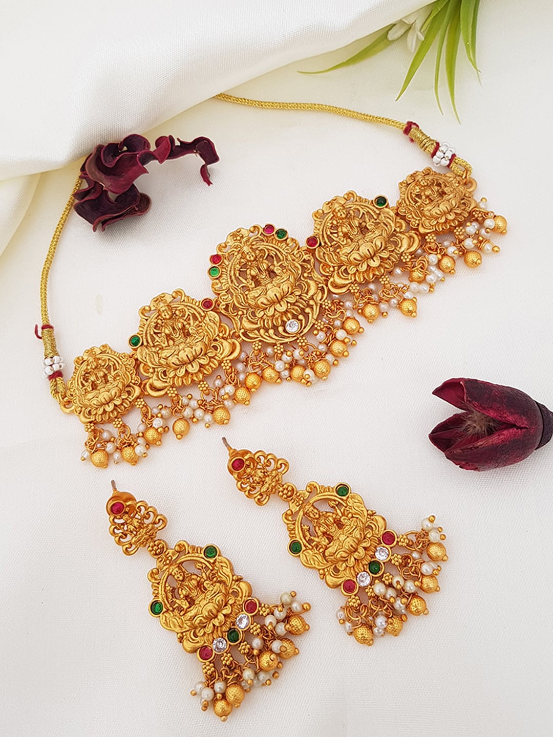 

GRIIHAM Women Gold-Plated Pink & Green AD-Studded Goddess Laxmi Jewellery Set