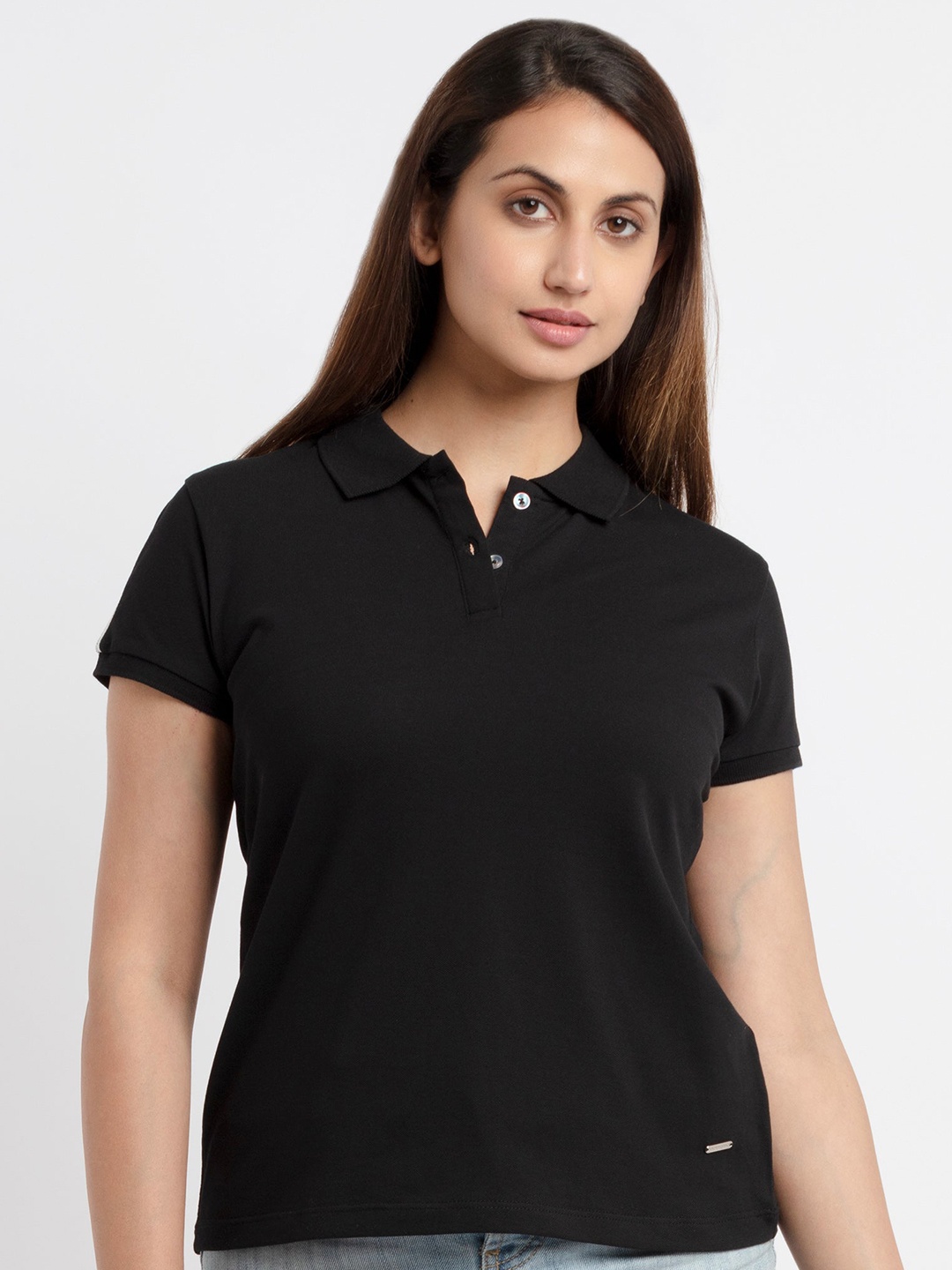 

Status Quo Women Black Polo Collar Cotton T-shirt