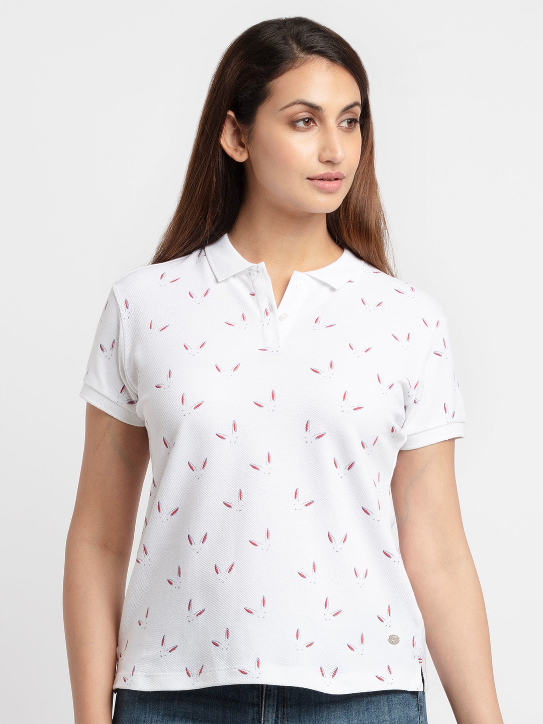 

Status Quo Women White Printed Polo Collar T-shirt