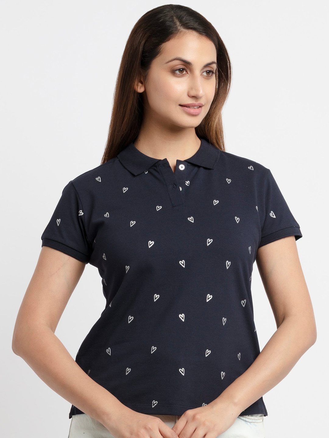

Status Quo Women Navy Blue Printed Polo Collar Cotton T-shirt