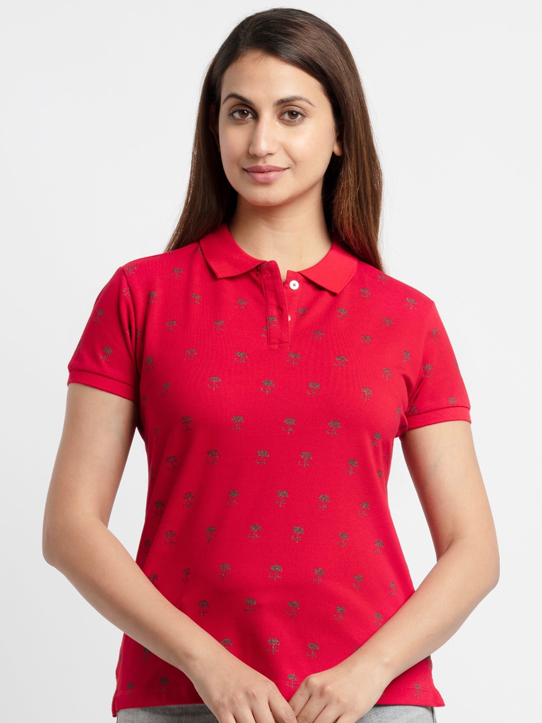 

Status Quo Plus Size Women Red Printed Polo Collar Cotton T-shirt