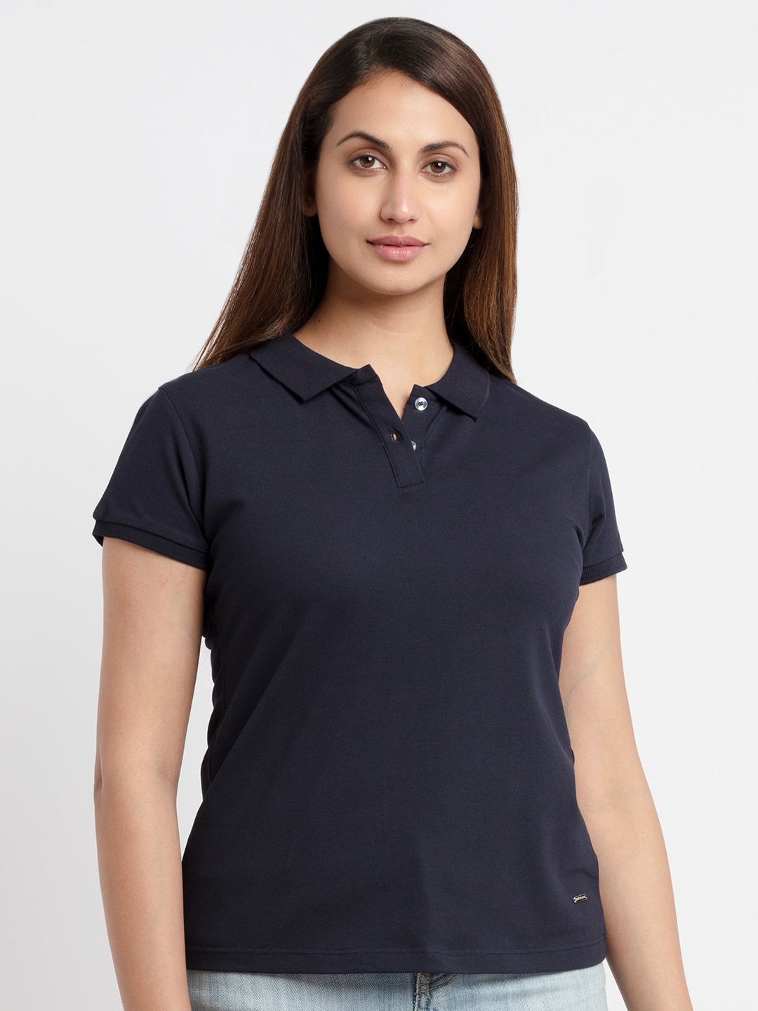 

Status Quo Women Navy Blue Polo Collar Cotton T-shirt