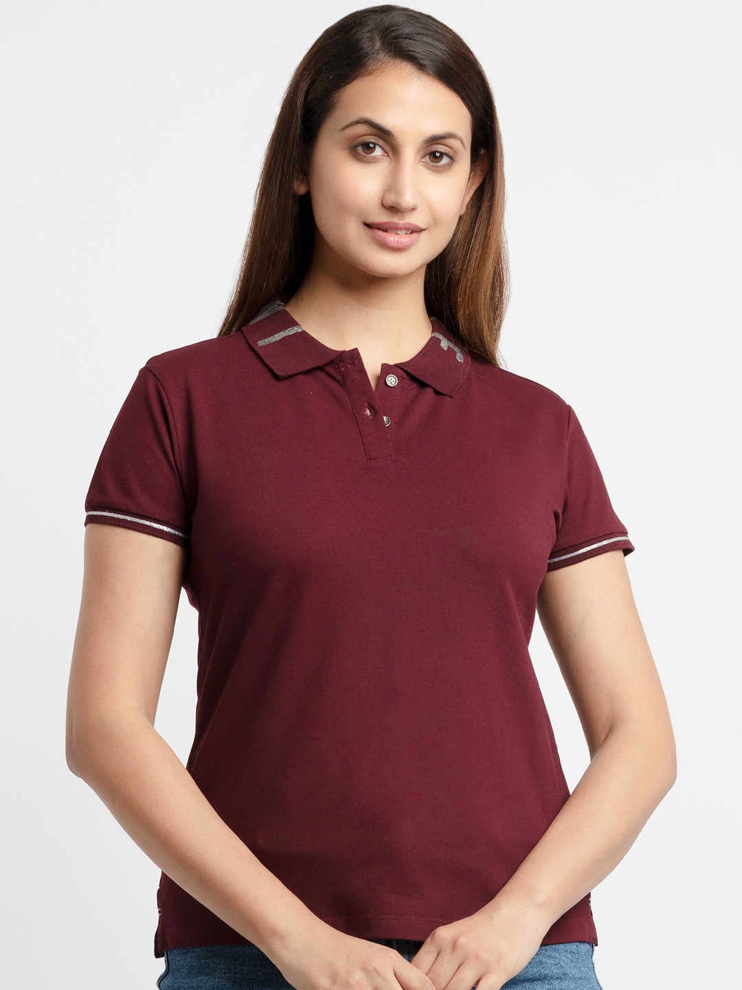 

Status Quo Women Burgundy Solid Polo Collar Cotton T-shirt