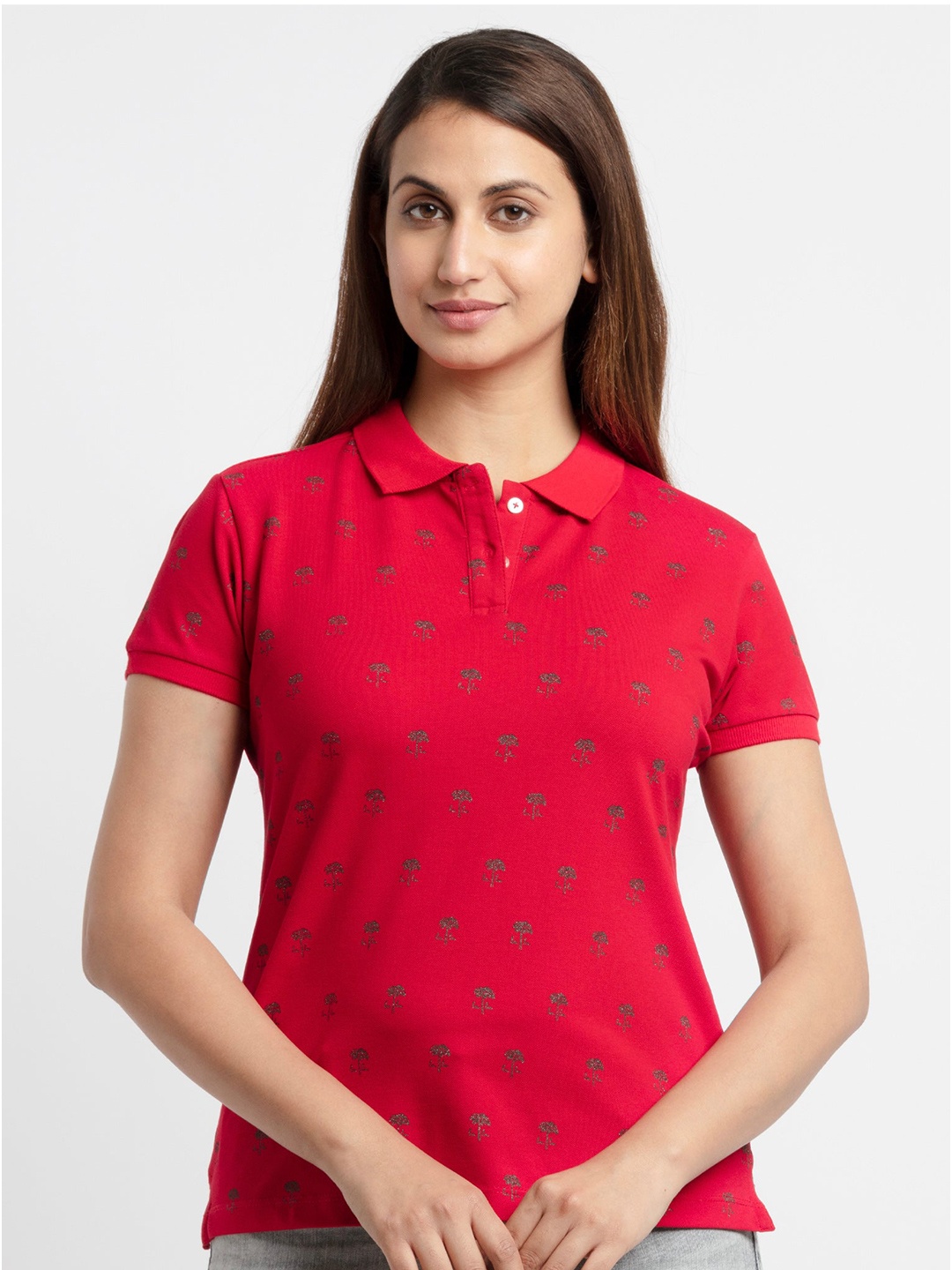 

Status Quo Women Red Printed Polo Collar T-shirt