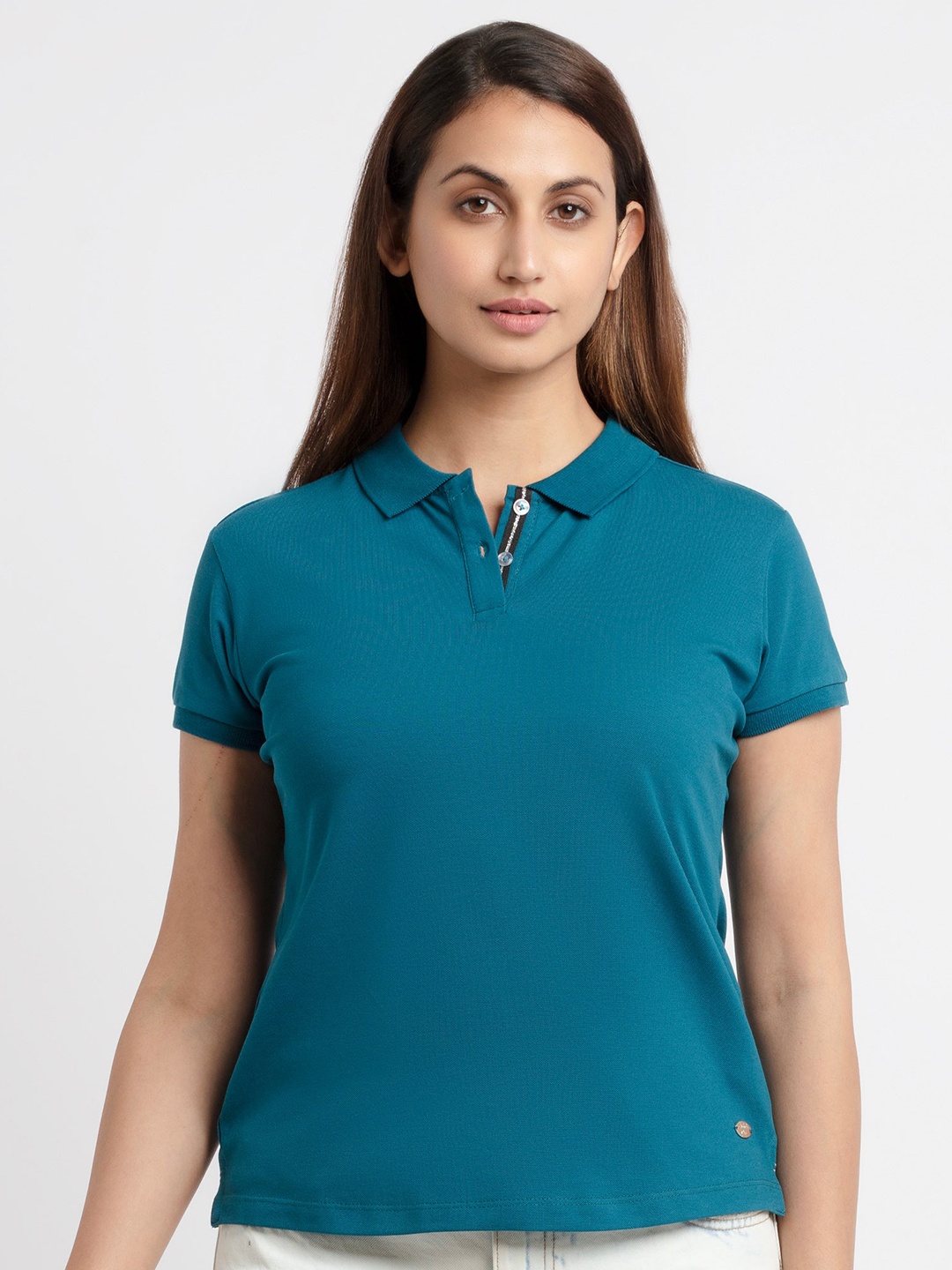 

Status Quo Women Teal Polo Collar T-shirt