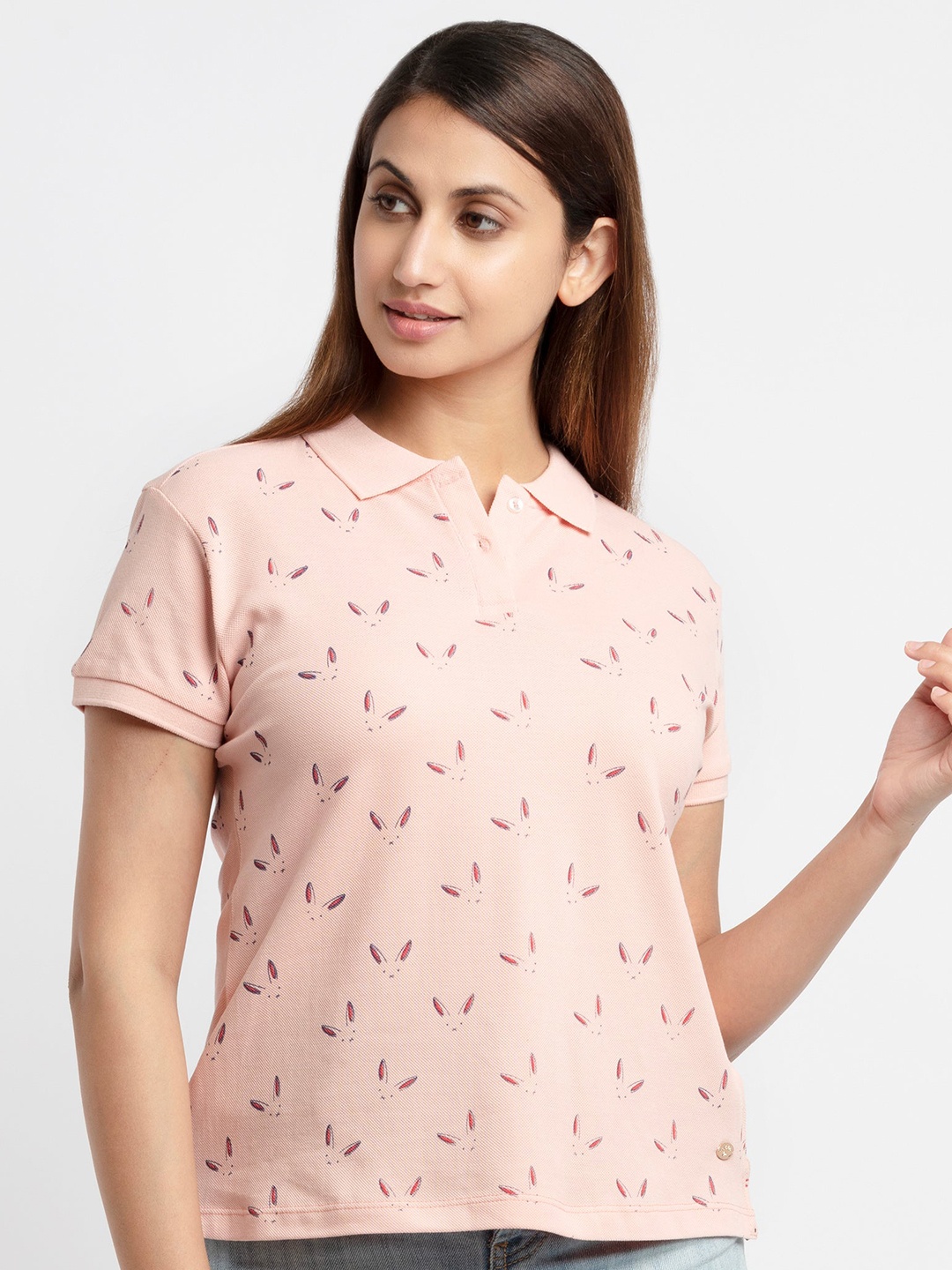 

Status Quo Women Pink Printed Polo Collar Cotton T-shirt