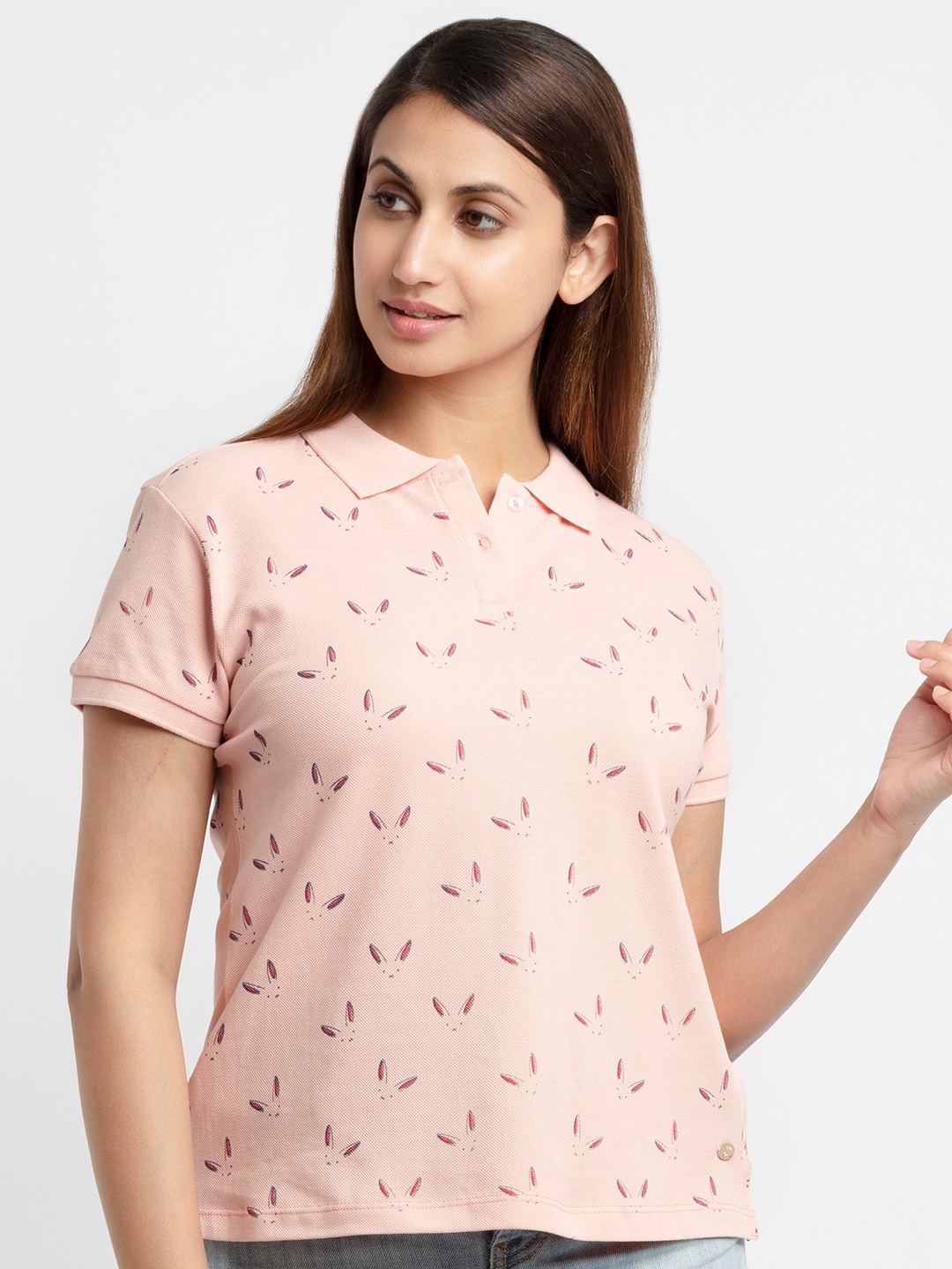 

Status Quo Women Pink Printed Polo Collar T-shirt