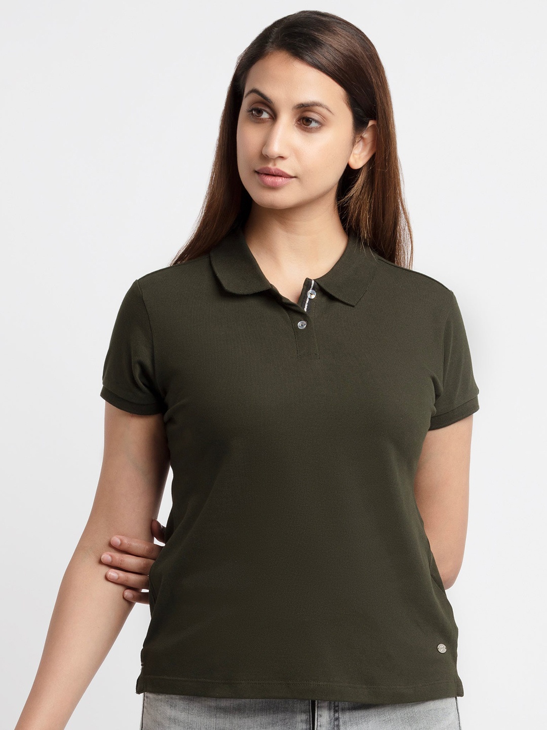 

Status Quo Women Olive Green Solid Polo Collar Cotton T-shirt