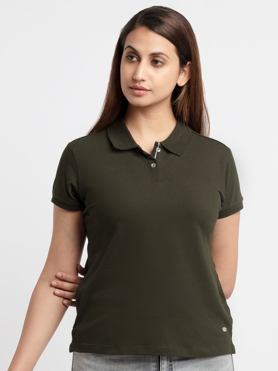 

Status Quo Women Olive Green Polo Collar T-shirt