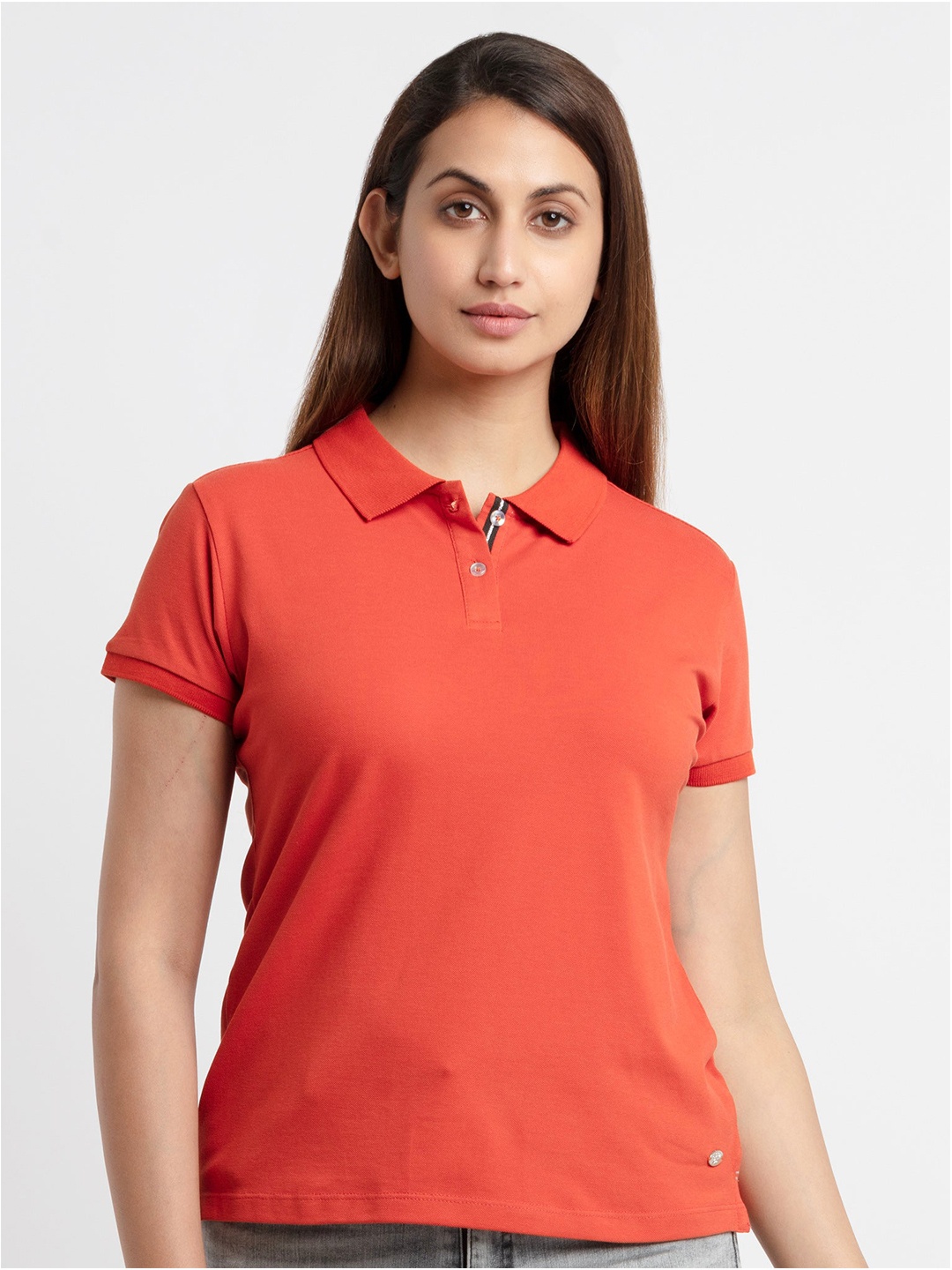 

Status Quo Women Rust Polo Collar Cotton T-shirt