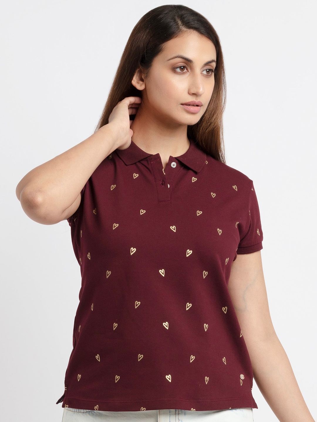 

Status Quo Women Burgundy Printed Polo Collar Cotton T-shirt