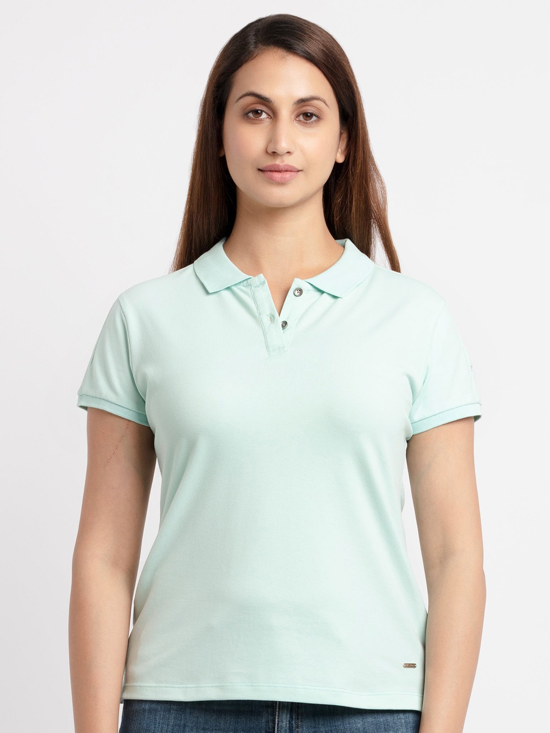 

Status Quo Women Green Polo Collar Cotton T-shirt