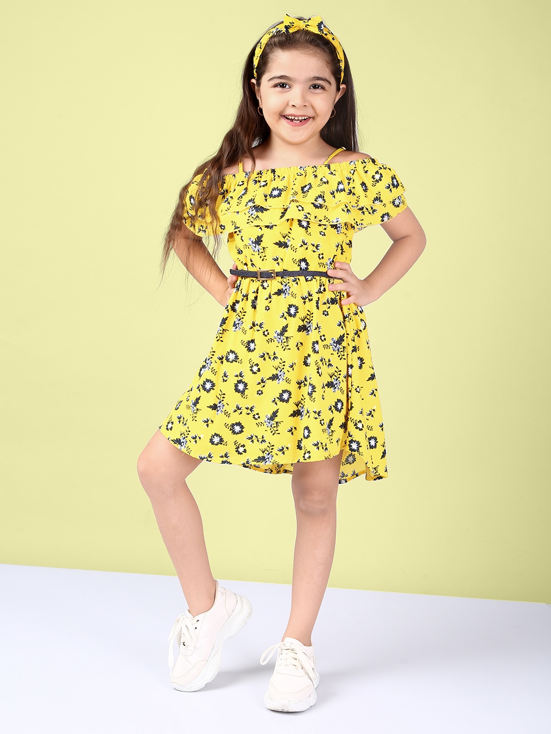 

Naughty Ninos Girls Mustard Yellow Floral Printed Fit & Flare Dress