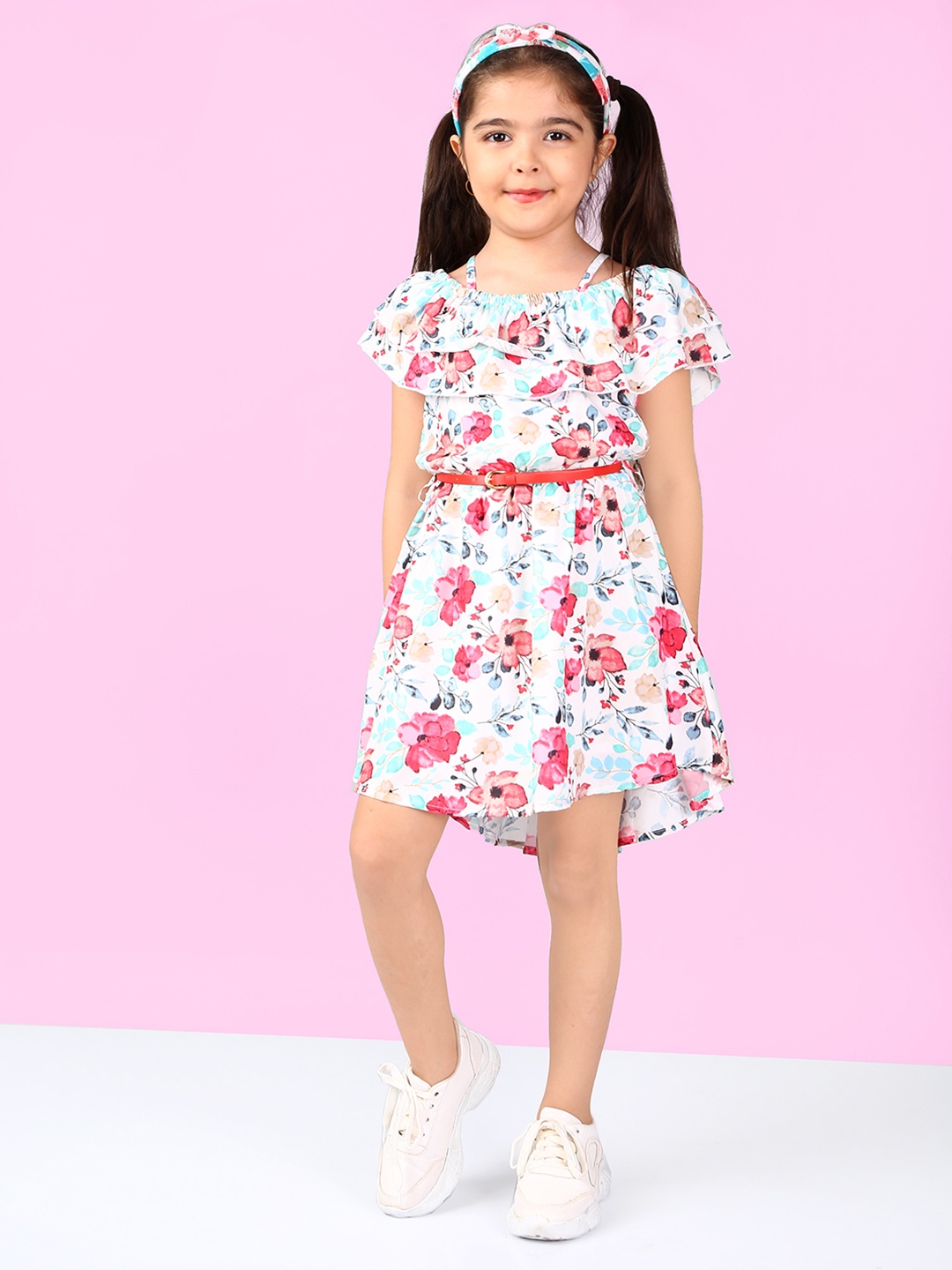 

Naughty Ninos Girls White & Blue Floral Prited Cold-Shoulder Sleeves Fit & Flare Dress
