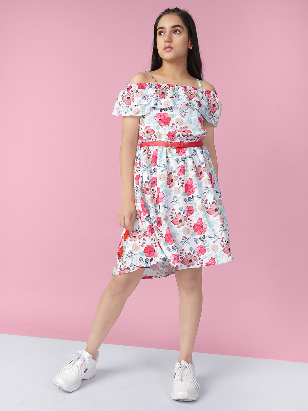 

Naughty Ninos White & Turquoise Blue Floral Off-Shoulder Layered Dress