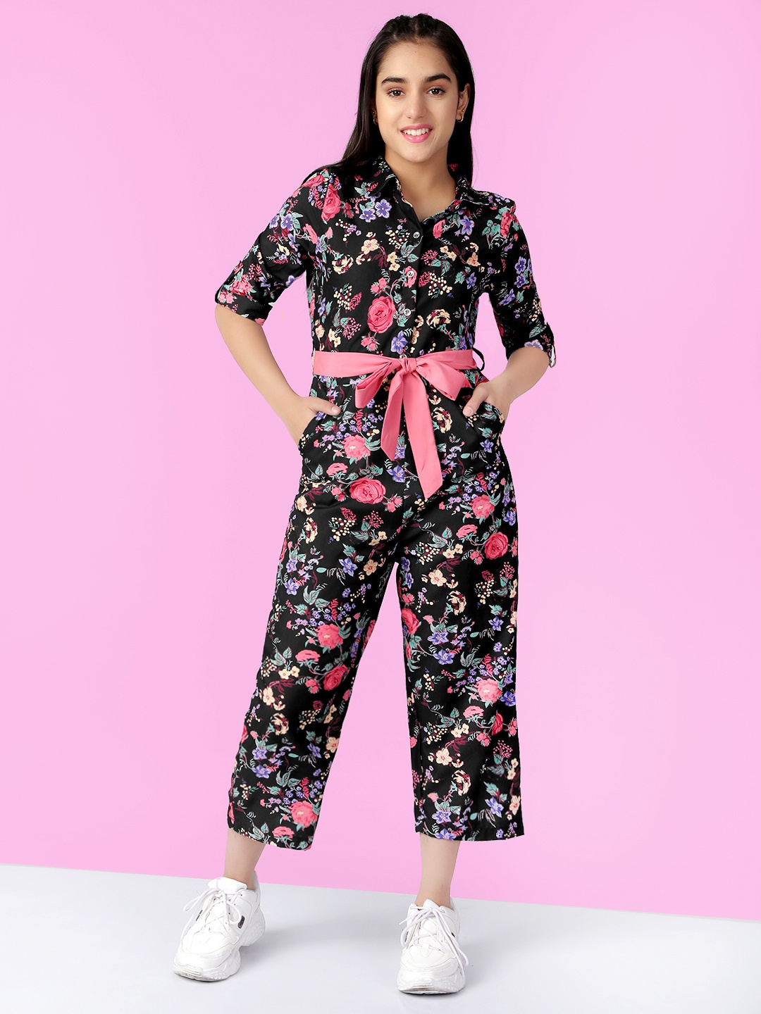 

Naughty Ninos Girls Black & Pink Rayon Printed Basic Jumpsuit