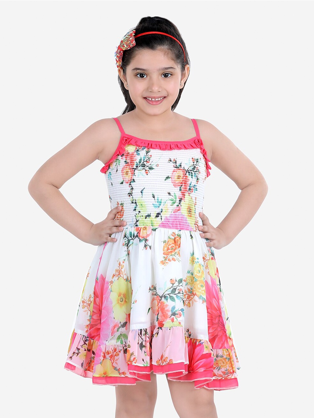 

Naughty Ninos Girls Pink & White Floral Printed Smocked Fit & Flare Dress
