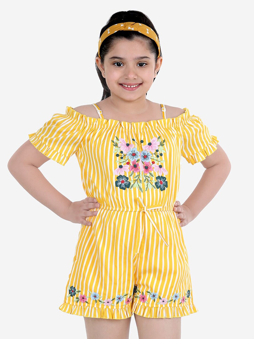

Naughty Ninos Girls Yellow & White Striped Off-Shoulder with Embroidered Playsuit