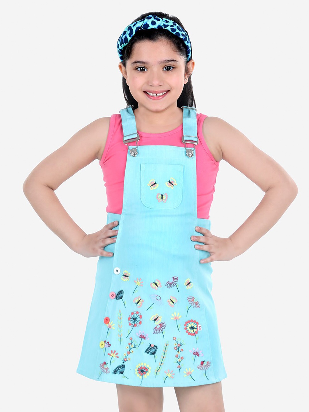 

Naughty Ninos Girls Blue & Pink Floral Pinafore Dress