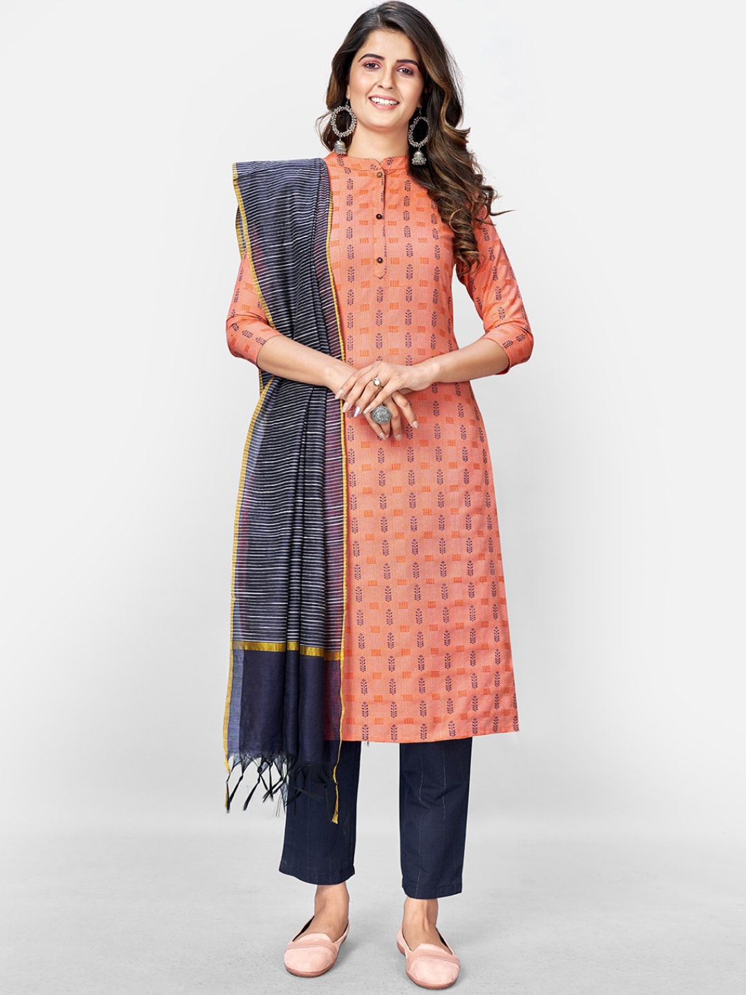 

KALINI Women Peach-Coloured Ethnic Motifs Pure Cotton Kurta with Trousers & With Dupatta