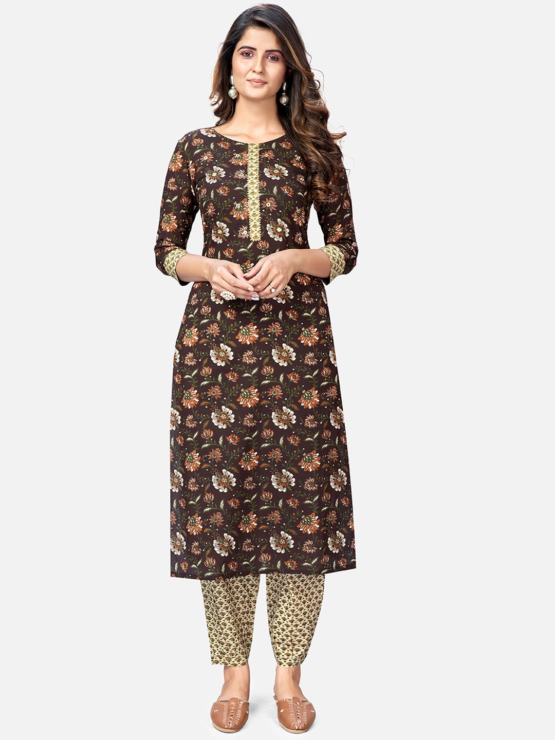 

KALINI Women Brown Floral Printed Pure Cotton Kurta with Trousers