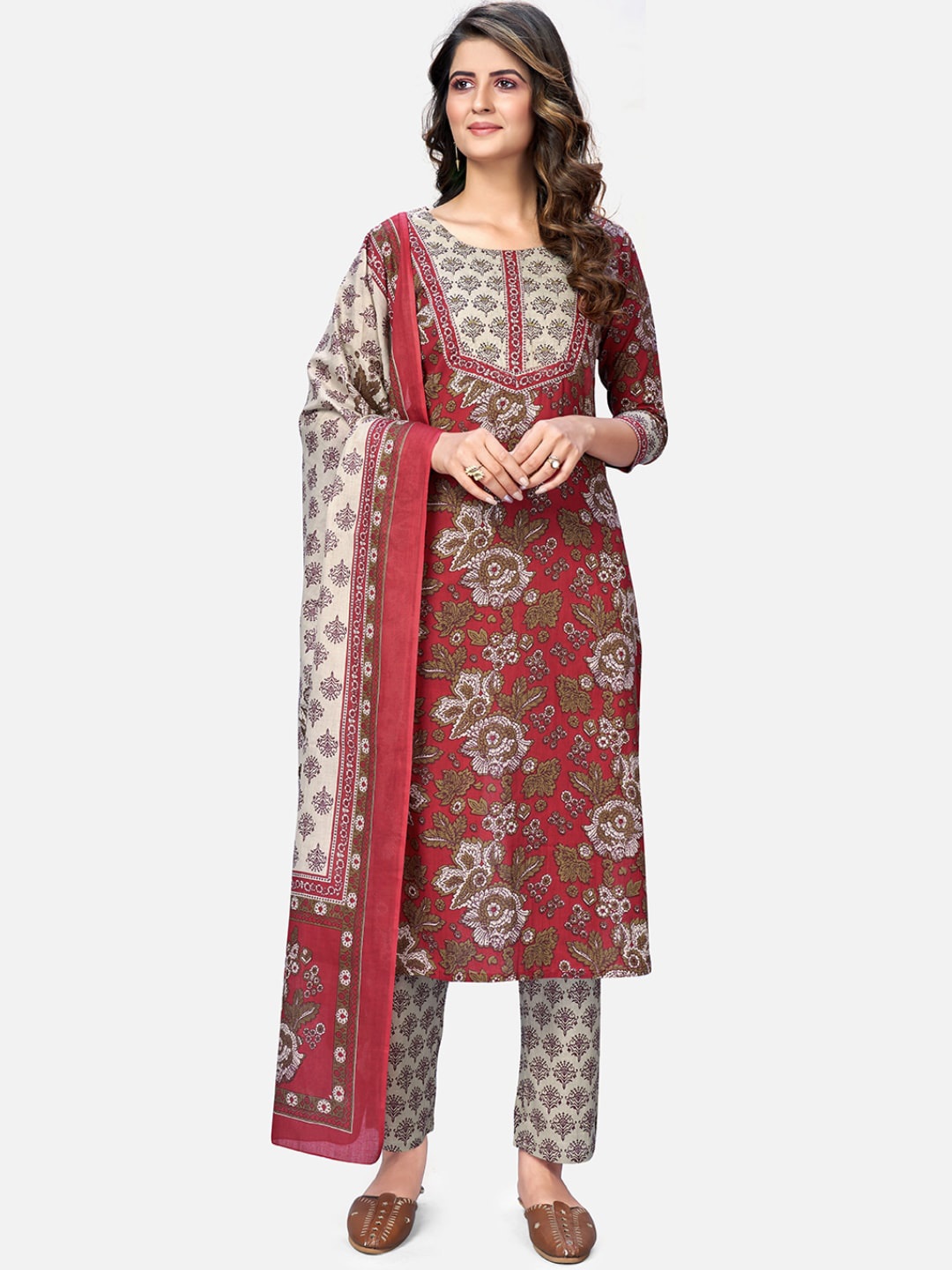 KALINI Women Red Floral Printed Pure Cotton Kurta with Trousers & With Dupatta