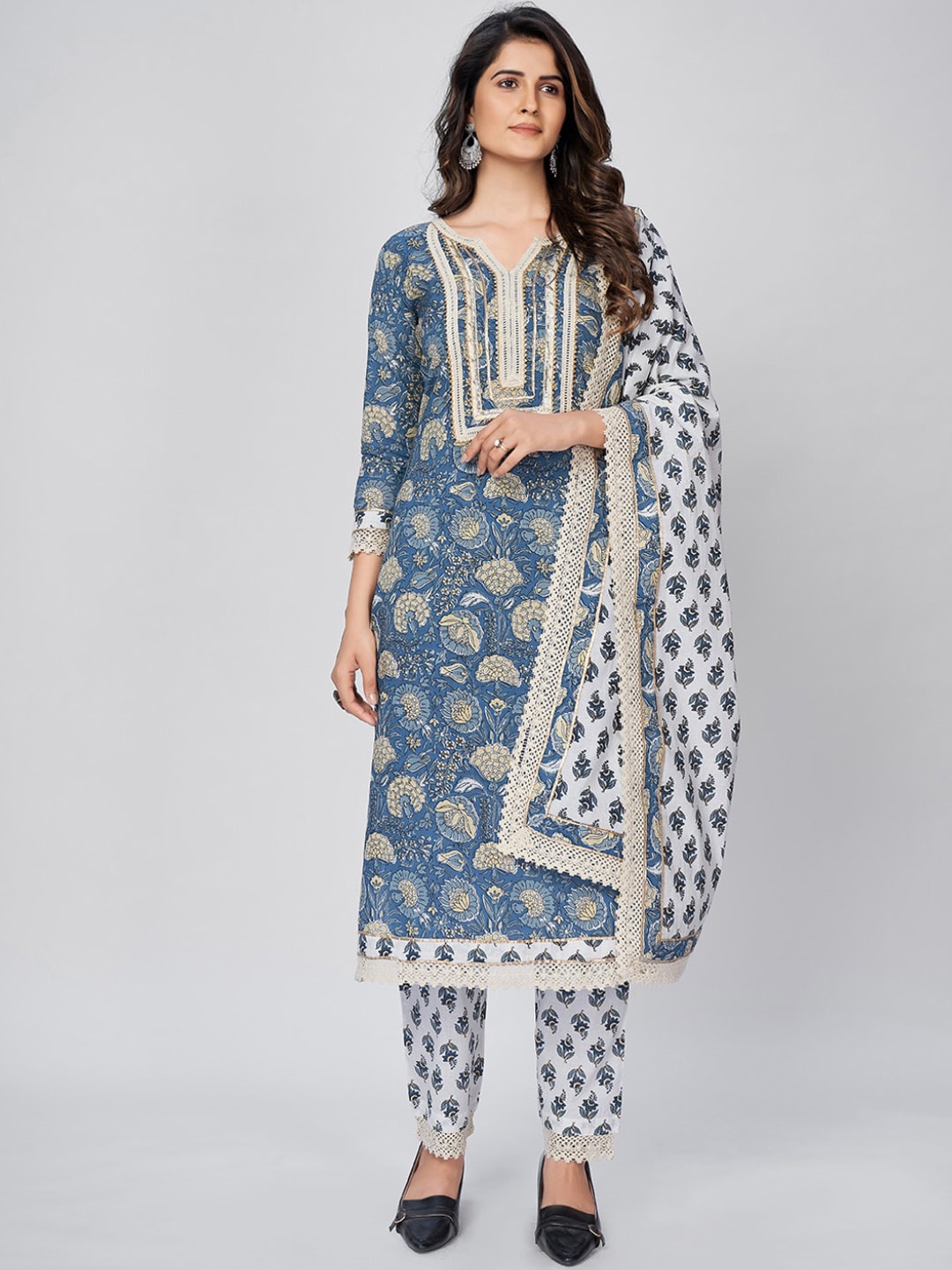 

KALINI Women Blue Floral Printed Thread Work Pure Cotton Kurta with Trousers & With Dupatta