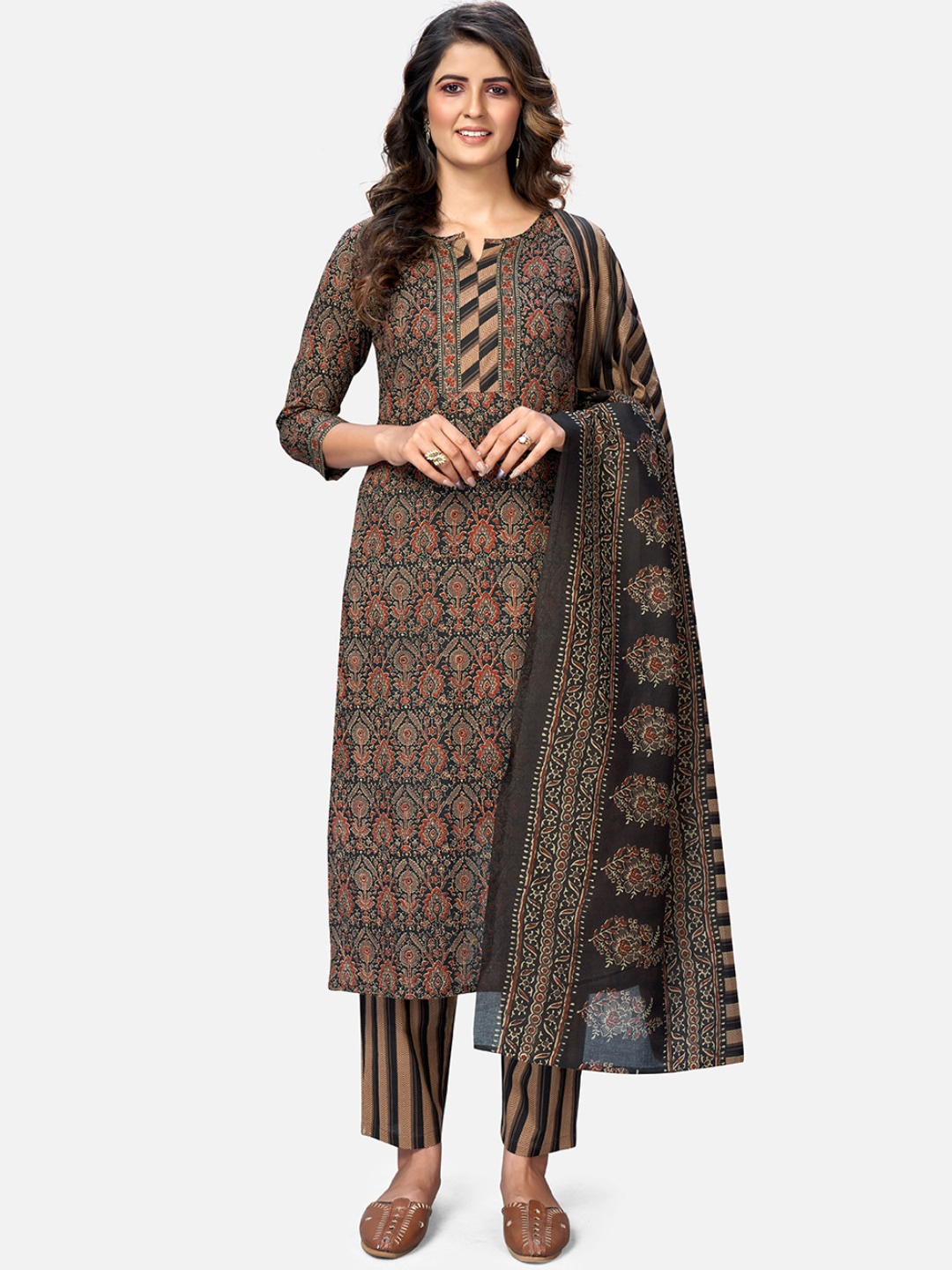 

Vbuyz Women Brown Ethnic Motifs Printed Pure Cotton Kurta with Trousers & With Dupatta