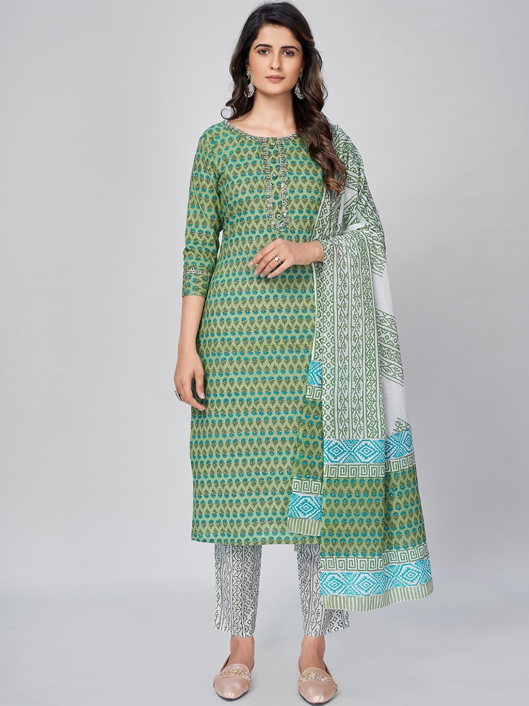 

KALINI Women Green Printed Panelled Thread Work Pure Cotton Kurti with Trousers & With Dupatta