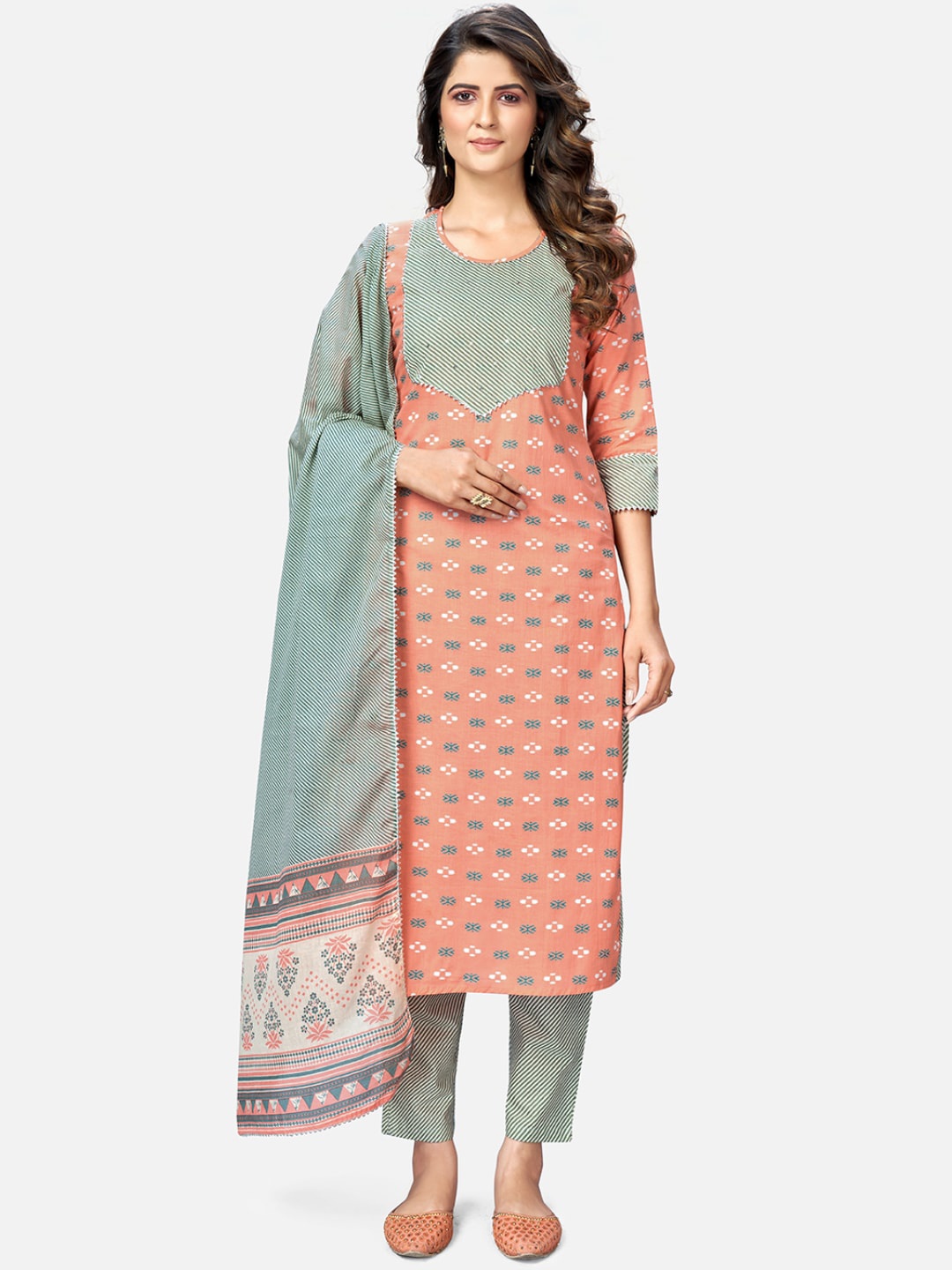 

KALINI Women Orange Ethnic Motifs Printed Thread Work Pure Cotton Kurta with Trousers & With Dupatta