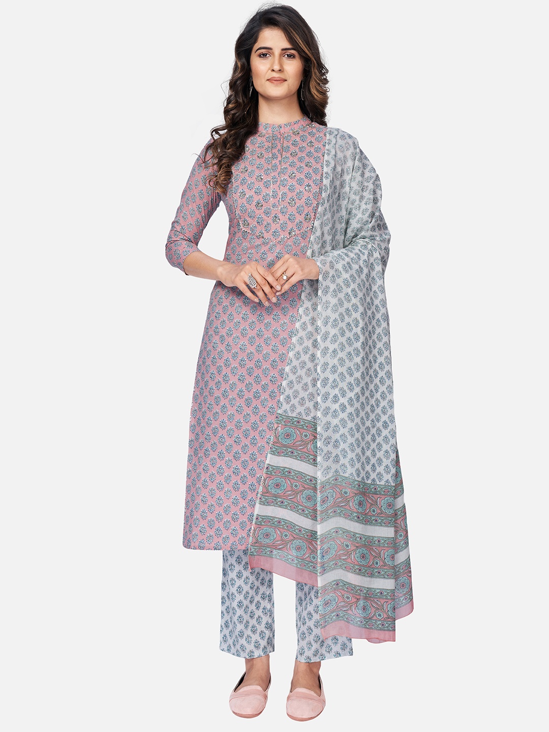 

Vbuyz Women Pink & Blue Printed Pure Cotton Kurta with Palazzo & With Dupatta
