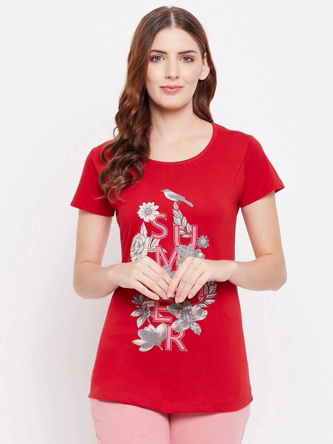 

THE MILLION CLUB Women Red Floral Printed Cotton T-shirt