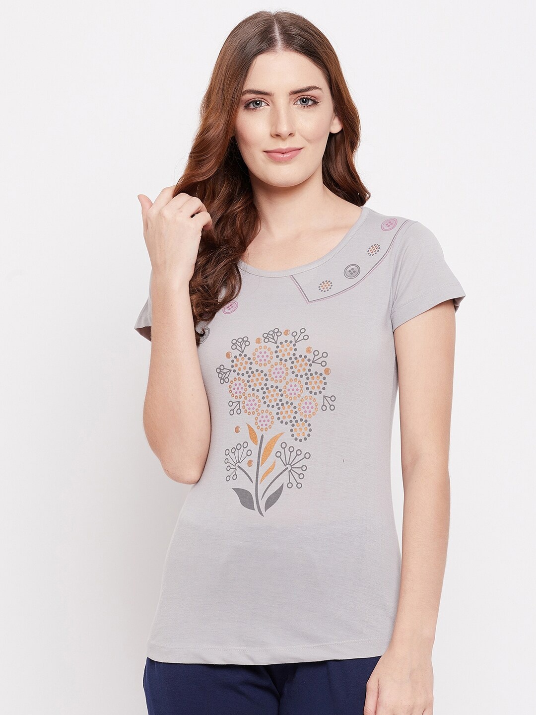 

THE MILLION CLUB Women Grey & Mustard Yellow Printed Cotton T-shirt