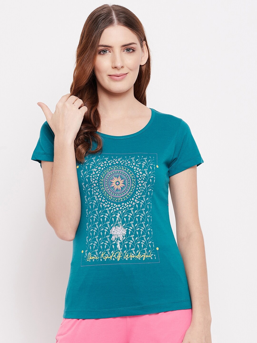 

THE MILLION CLUB Women Teal Blue Printed Cotton T-shirt