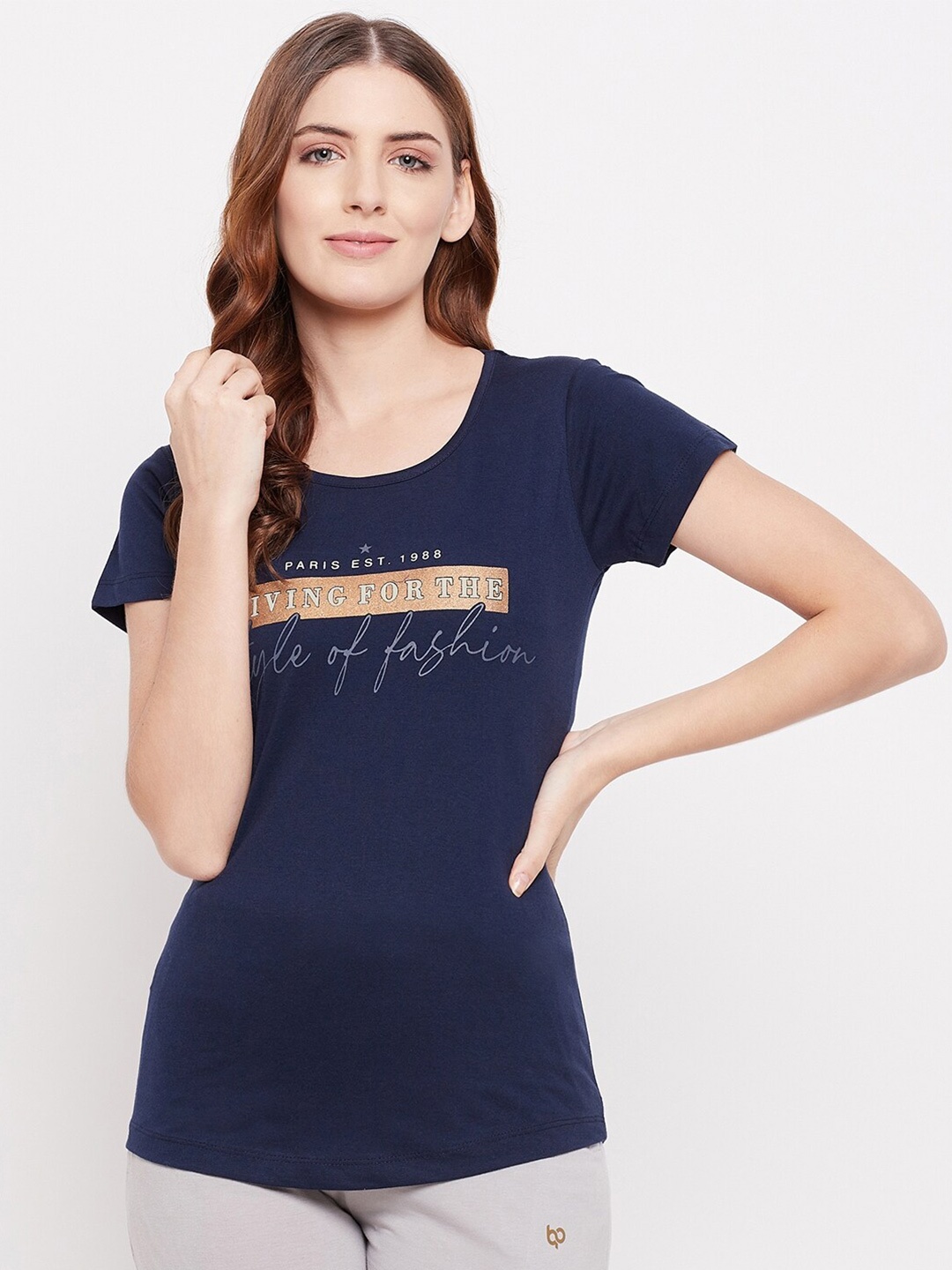 

THE MILLION CLUB Women Navy Blue Typography Printed T-shirt