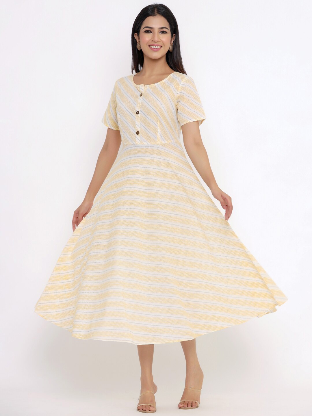 

Indian Virasat Yellow & White Striped Flared Midi Dress