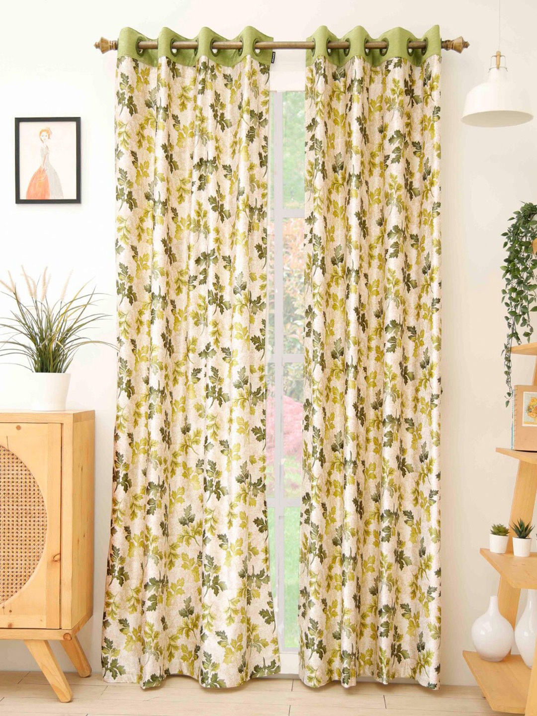 

Ariana Olive Green & Cream-Coloured Set of 2 Leaf Printed Long Door Curtain