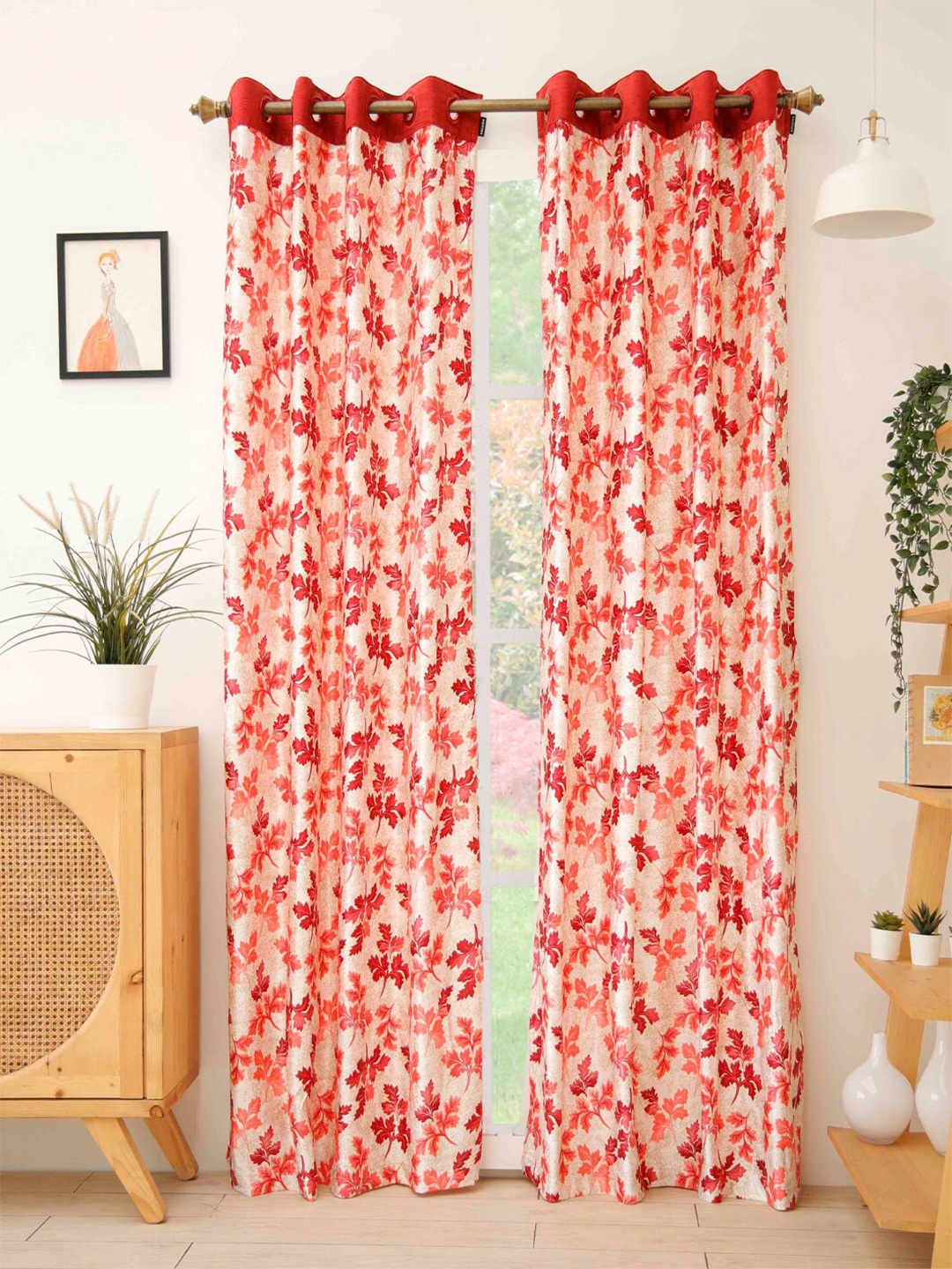 

Ariana Red & Cream-Coloured Set of 2 Leaf Printed Long Door Curtain