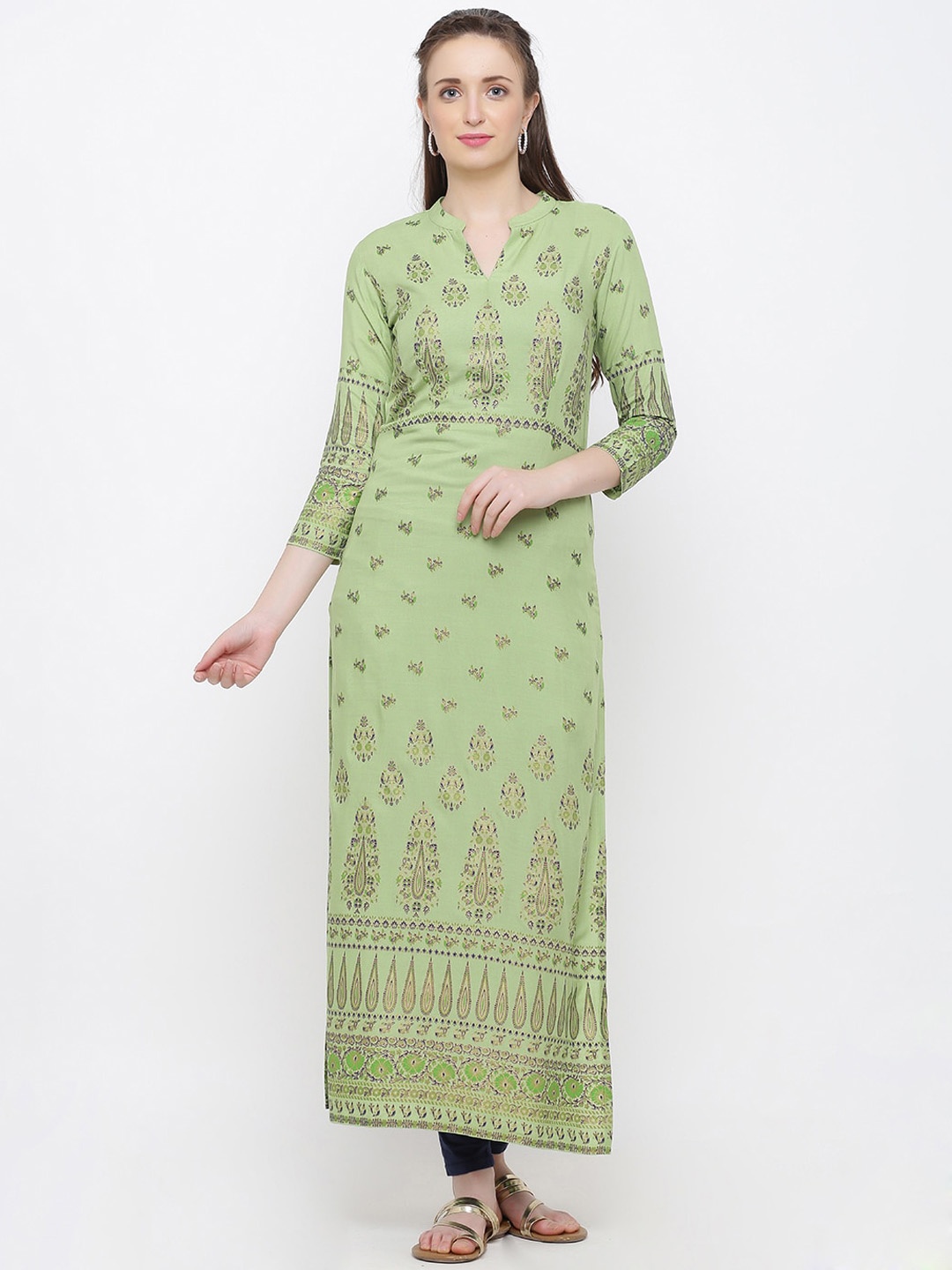 

Indian Virasat Women Green & Blue Ethnic Motifs Printed Kurta