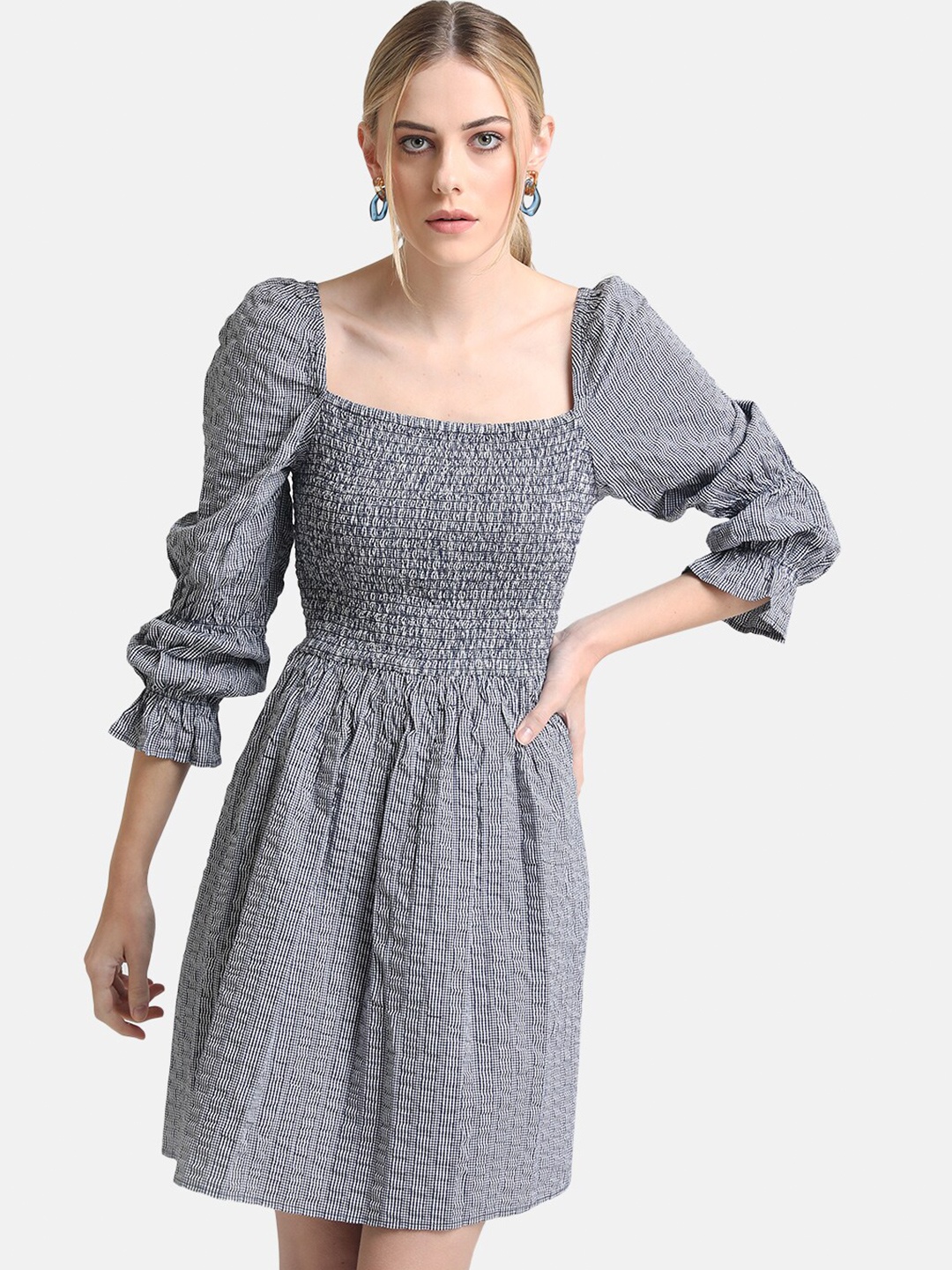 

Kazo Blue Smocked Mini Dress With Puff Sleeves