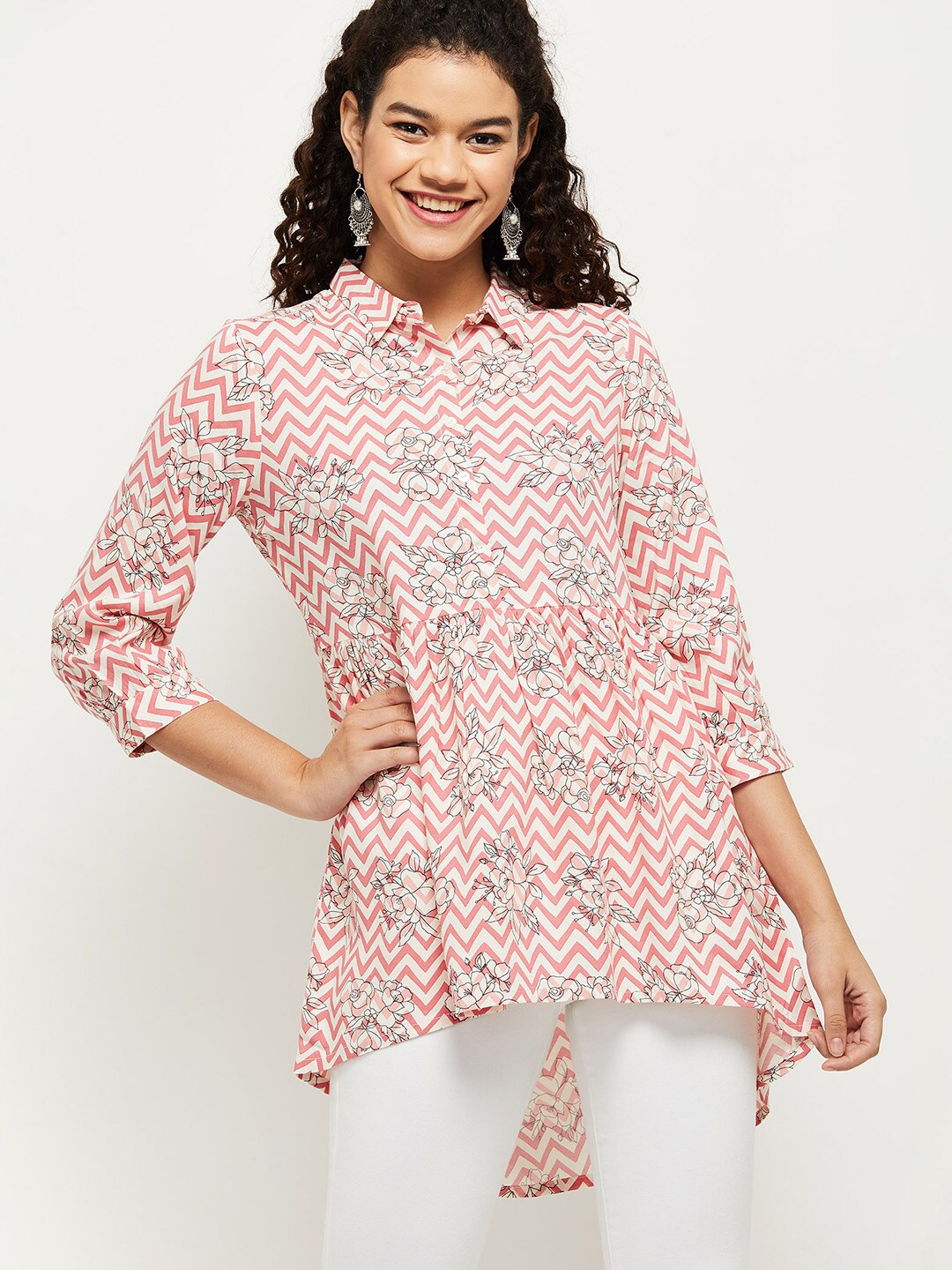 

max Pink & White Viscose Rayon Striped Tunic