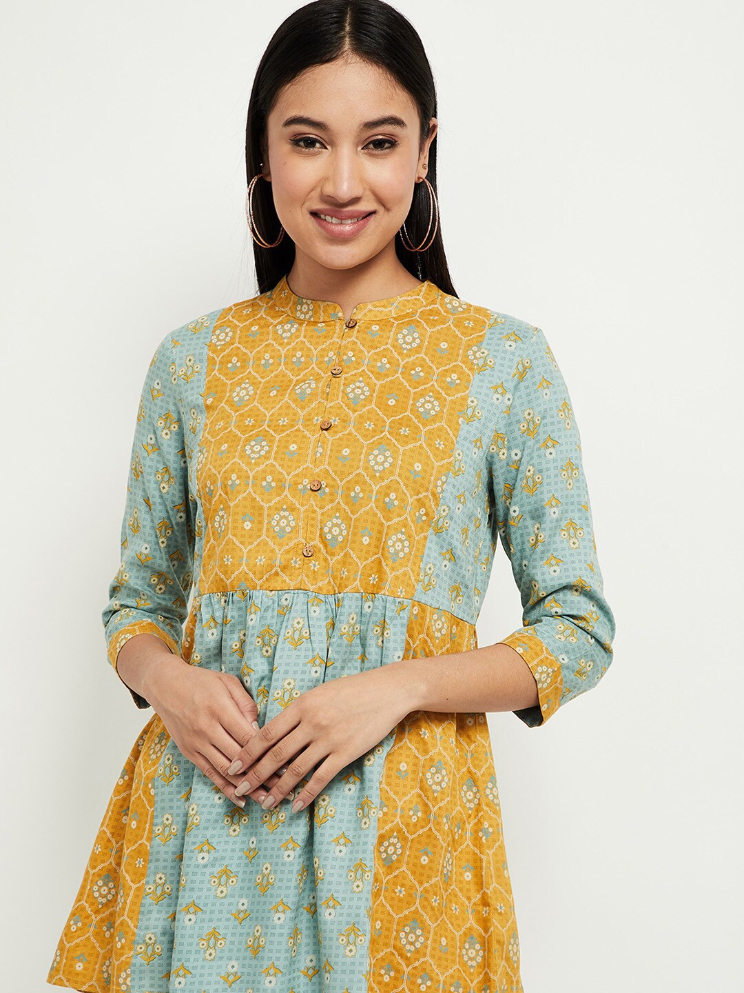 

max Women Blue & Yellow Ethnic Motifs Printed Colourblocked Tunic