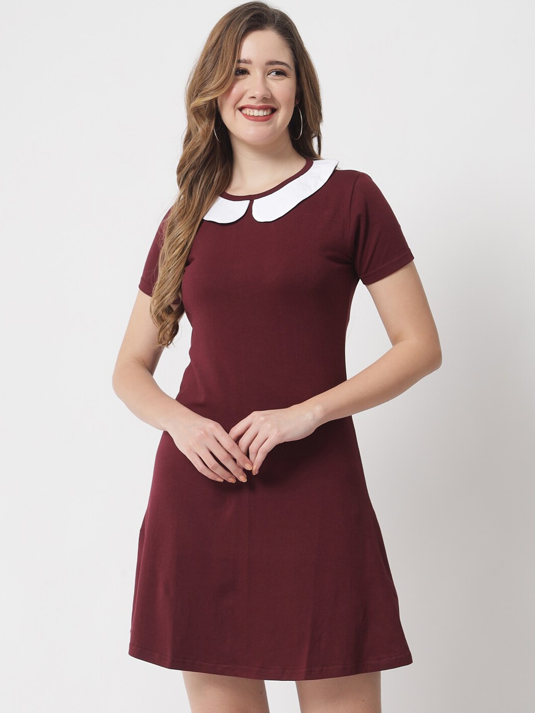 

The Dry State Maroon Peter Pan Collar Cotton A-Line Dress